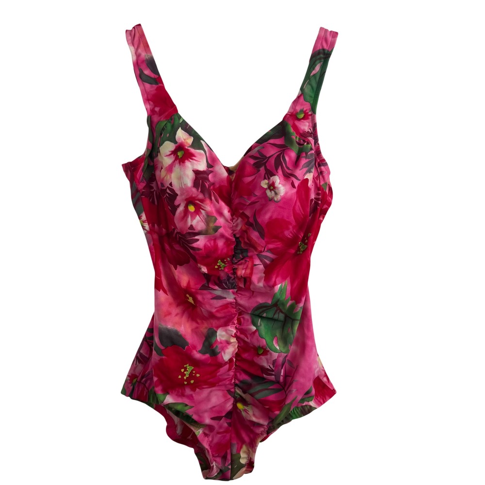 Le Cove Floral One Piece Swimsuit 16 Pink Tropical Ruched V-Neck Resortwear